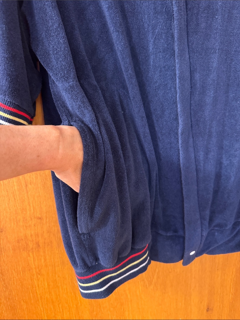 Christian Dior Navy Terry Short-Sleeve Zip-Up Sweater Jacket with Striped Trim - Picture 10 of 10
